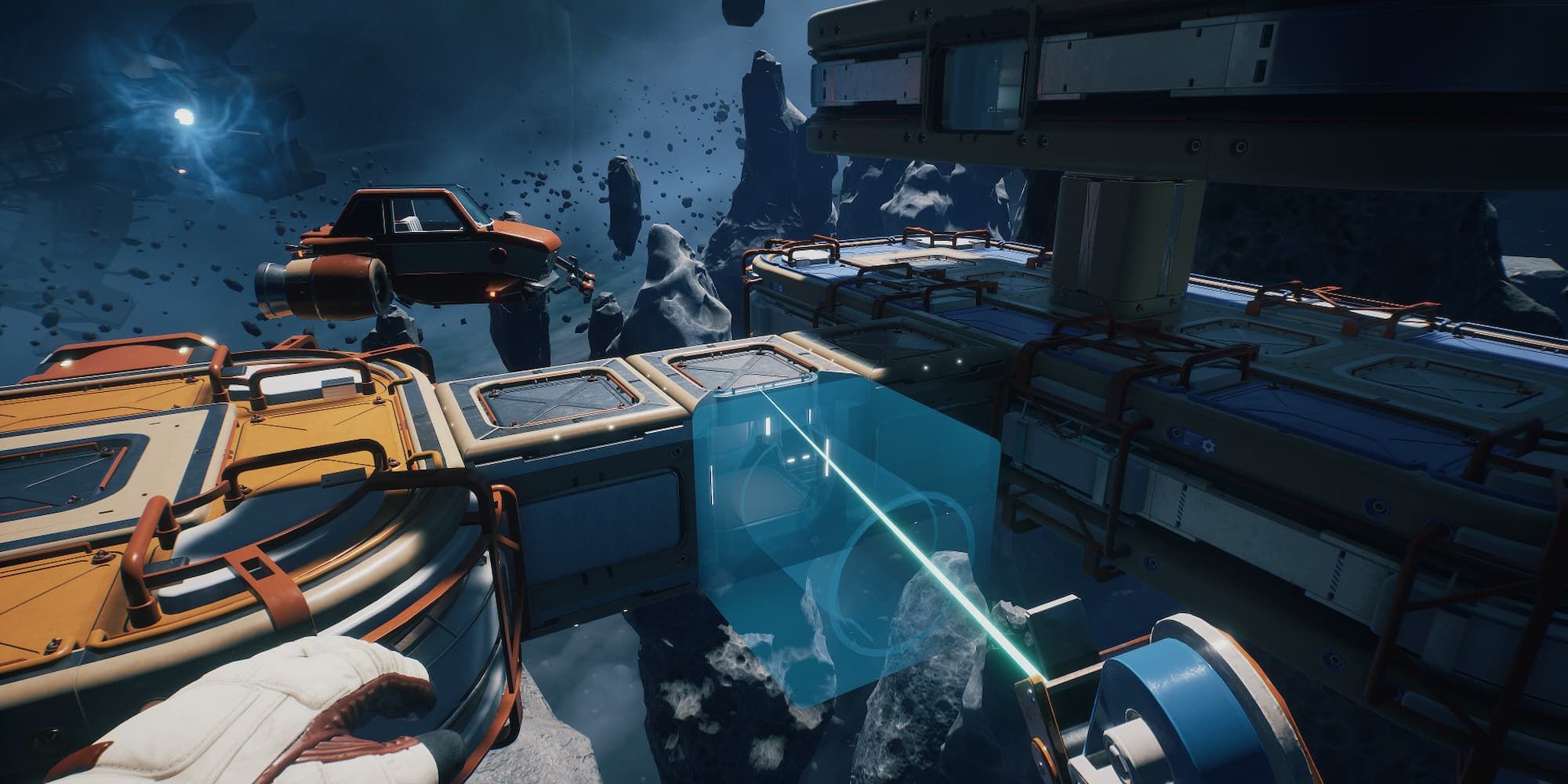 Breathedge screenshot of outer space floating near ship building a base