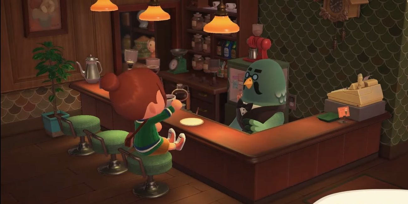 Animal Crossing New Horizons Brewster with villager drinking coffee