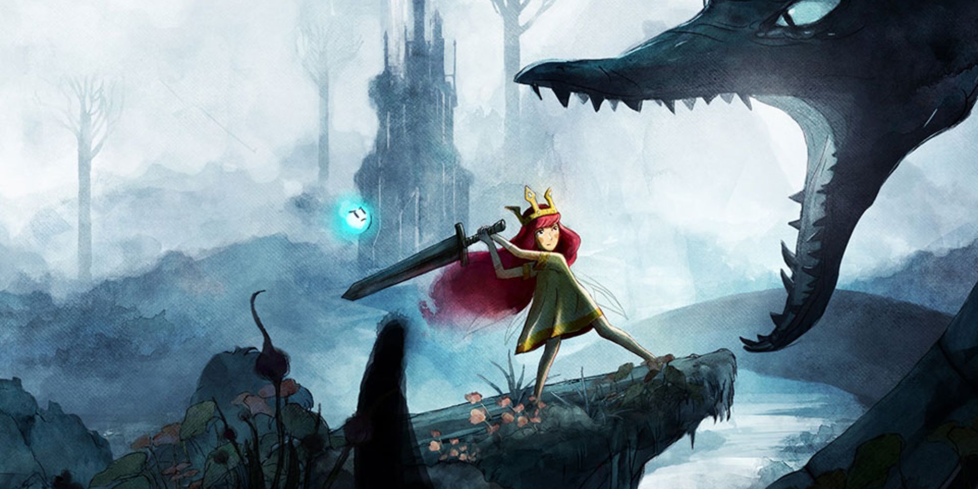Child Of Light official video game artwork protagonist running from dragon weapon in hand.