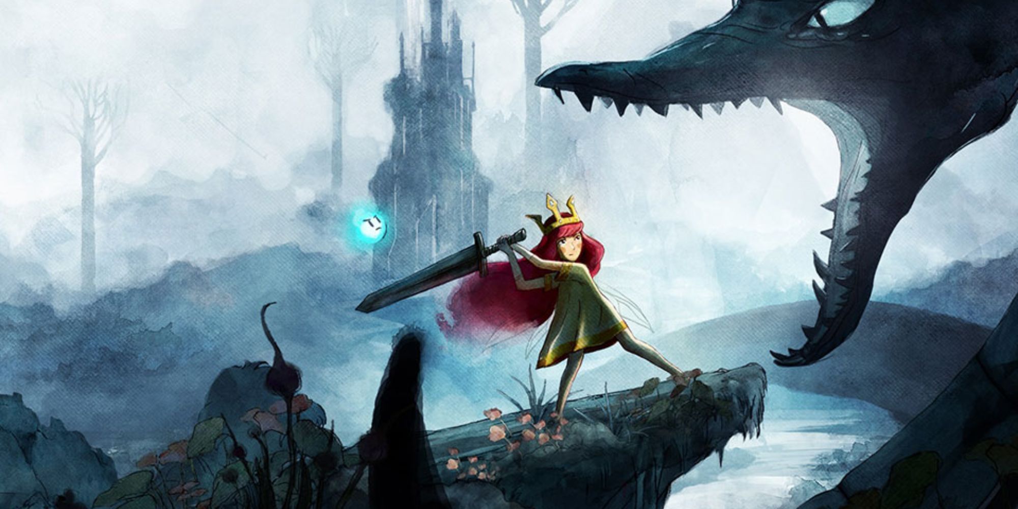 Child Of Light official video game artwork protagonist running from dragon weapon in hand 