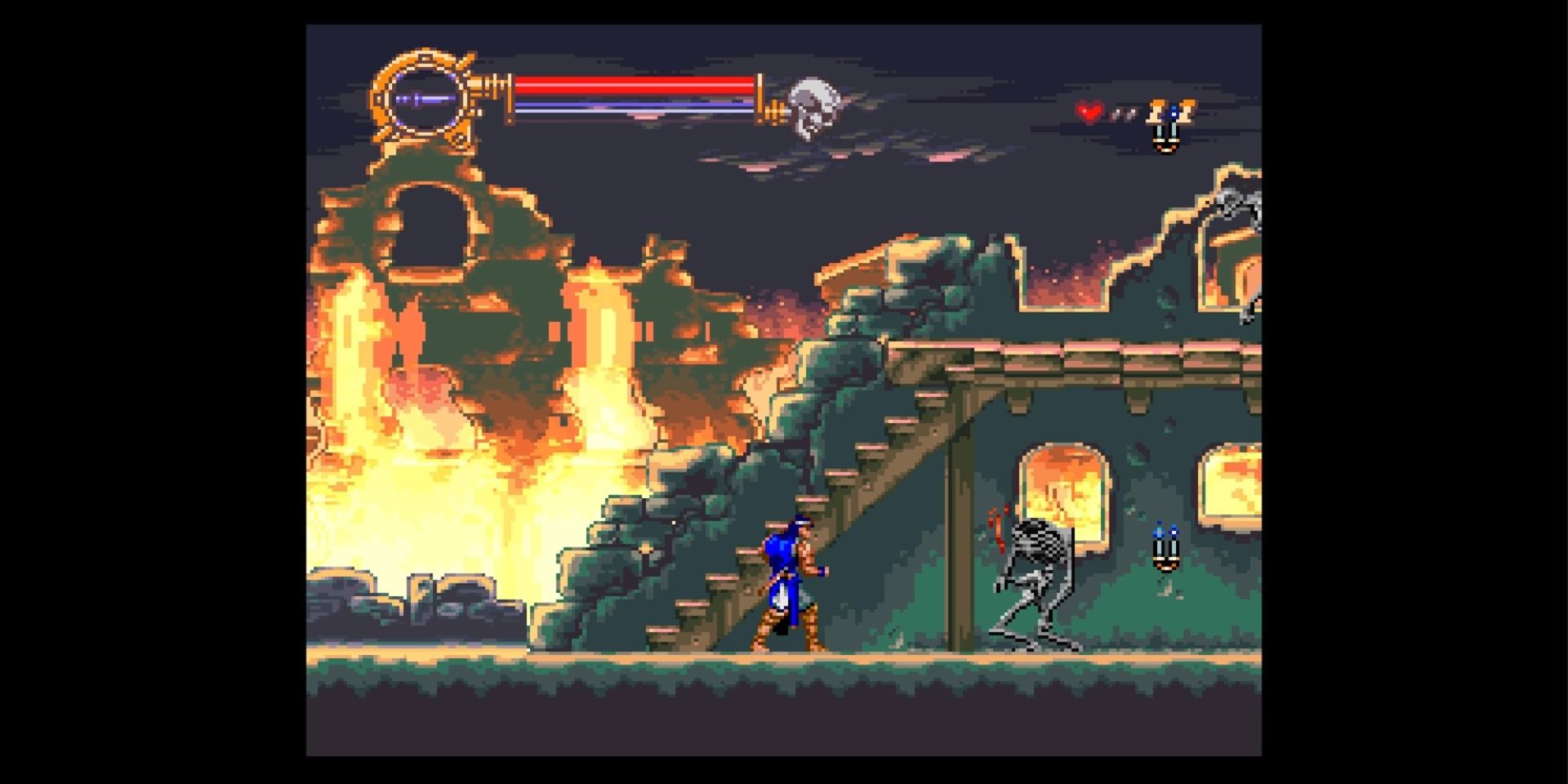 Castlevania Vampire's Kiss Richter staring down a skeleton while a village burns