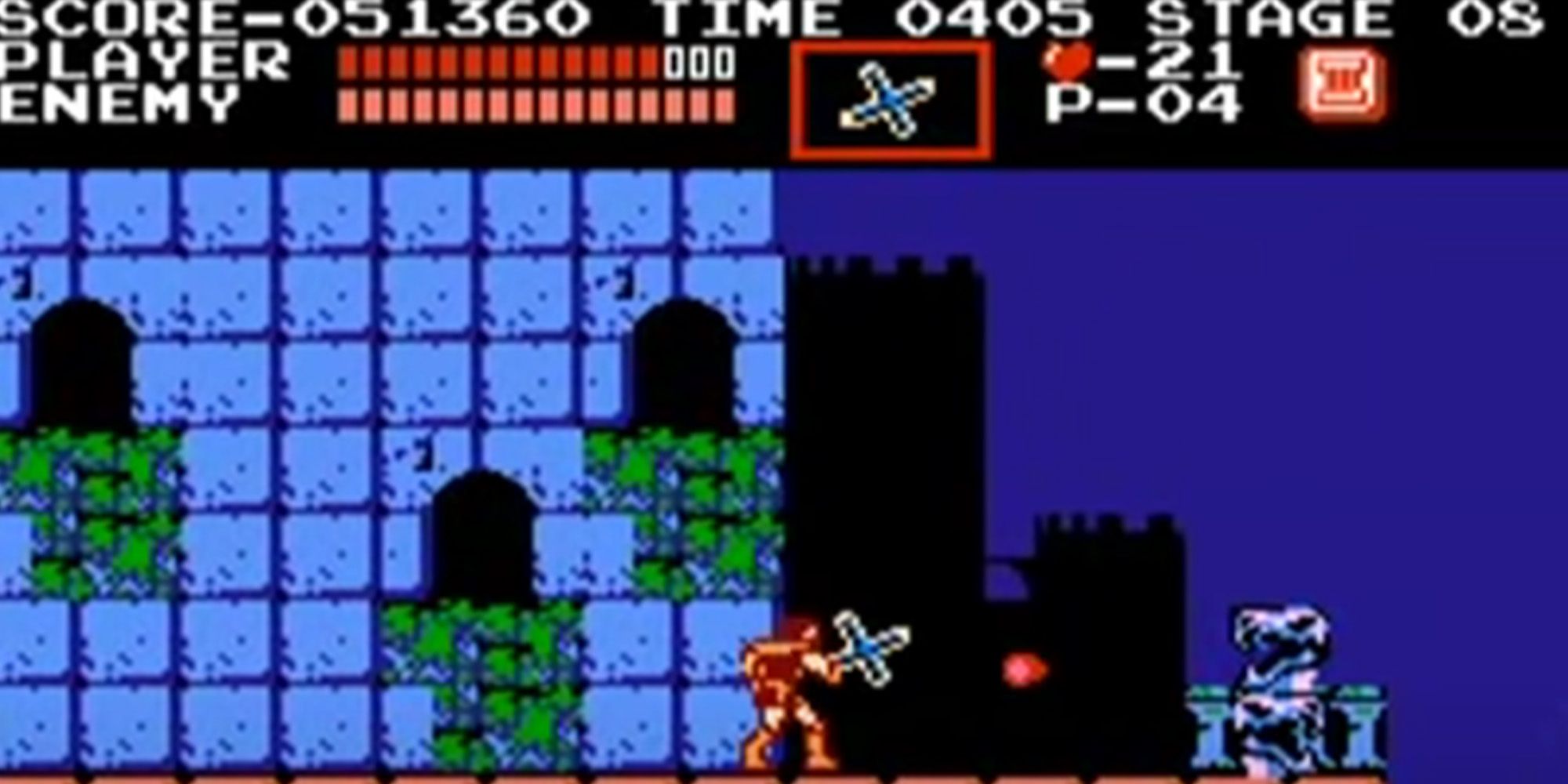 Castlevania NES Screenshot of Simon Belmont using his boomerang 