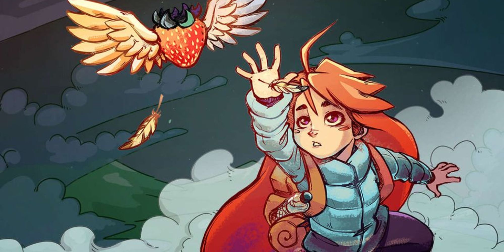 Celeste official video game artwork protagonist celeste reading for flying strawberry 
