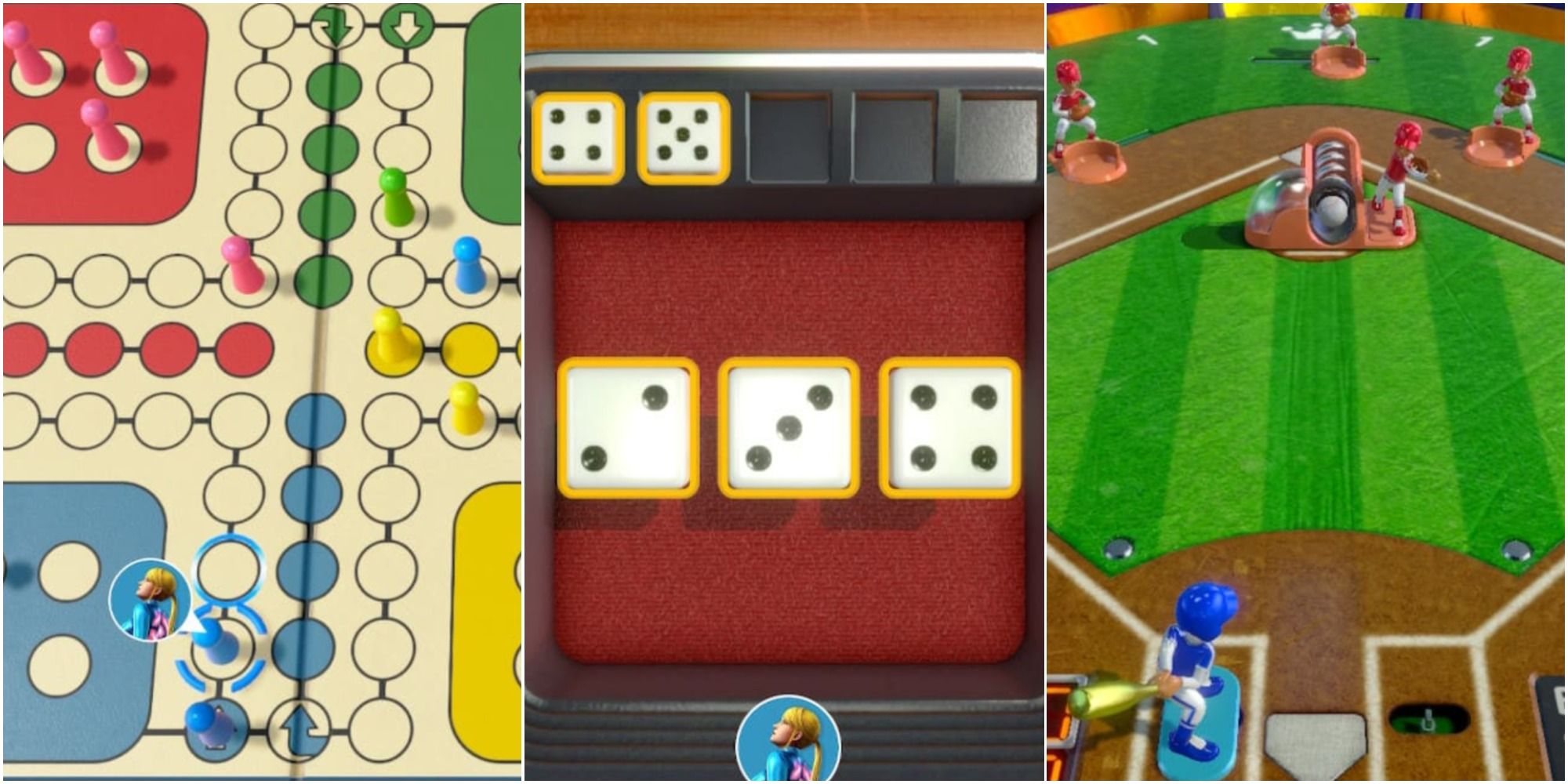 Switch Motion Games - Clubhouse Games - A Split Image of Ludo, Yacht Dice And Toy Baseball