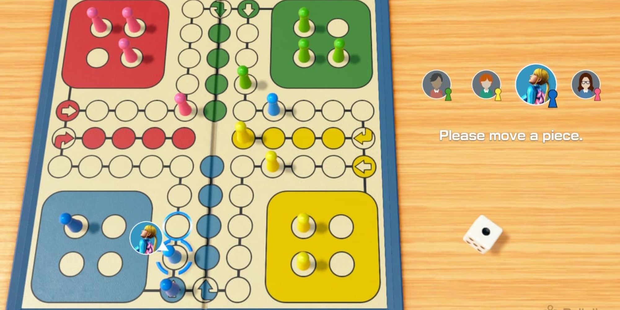 Clubhouse Games an ongoing game of Ludo with blue, yellow, green and pink pieces spread out across the board