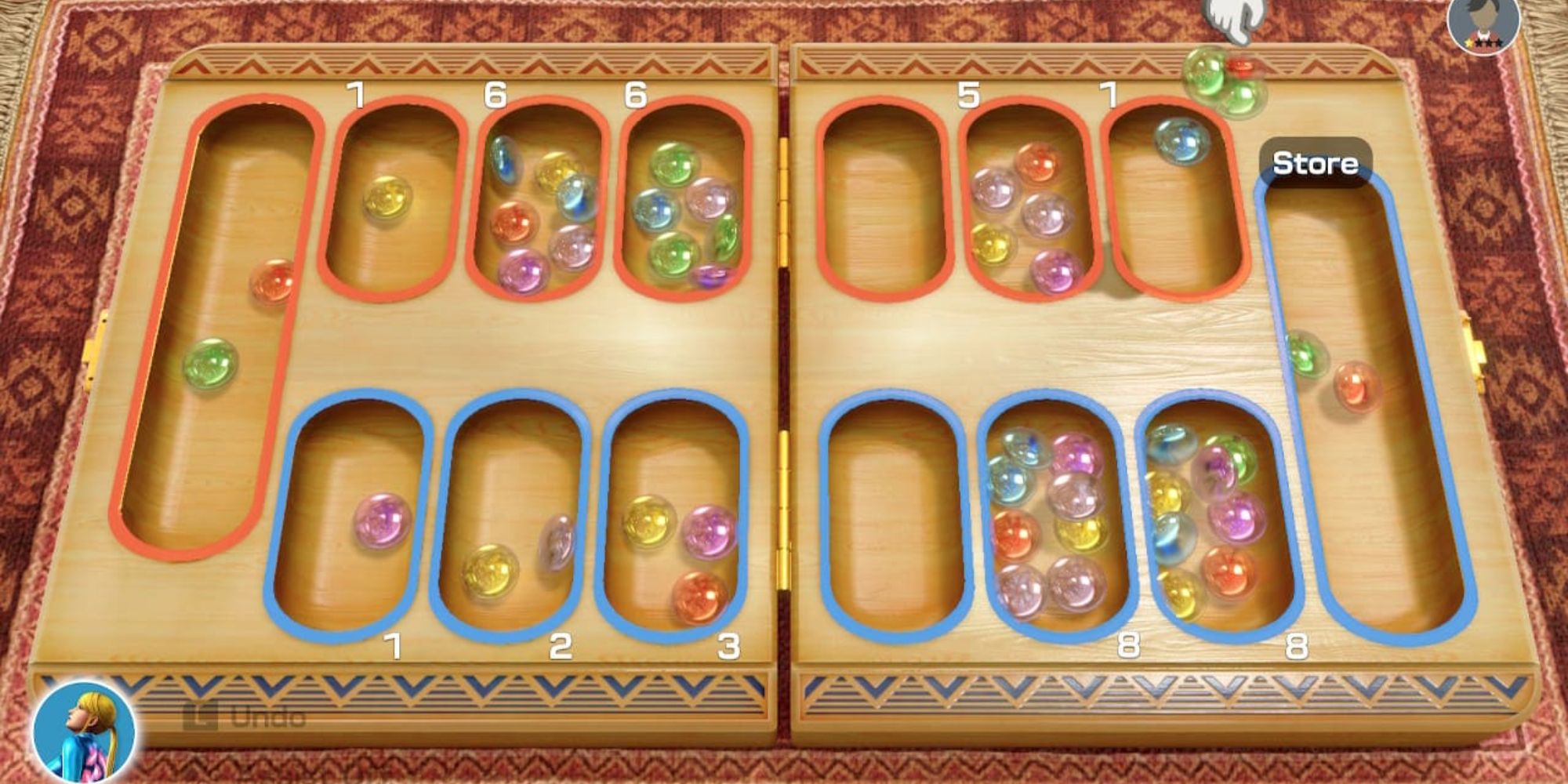 Clubhouse Games a game of Mancala being played on a wooden board with multicoloured pieces being spread out across it