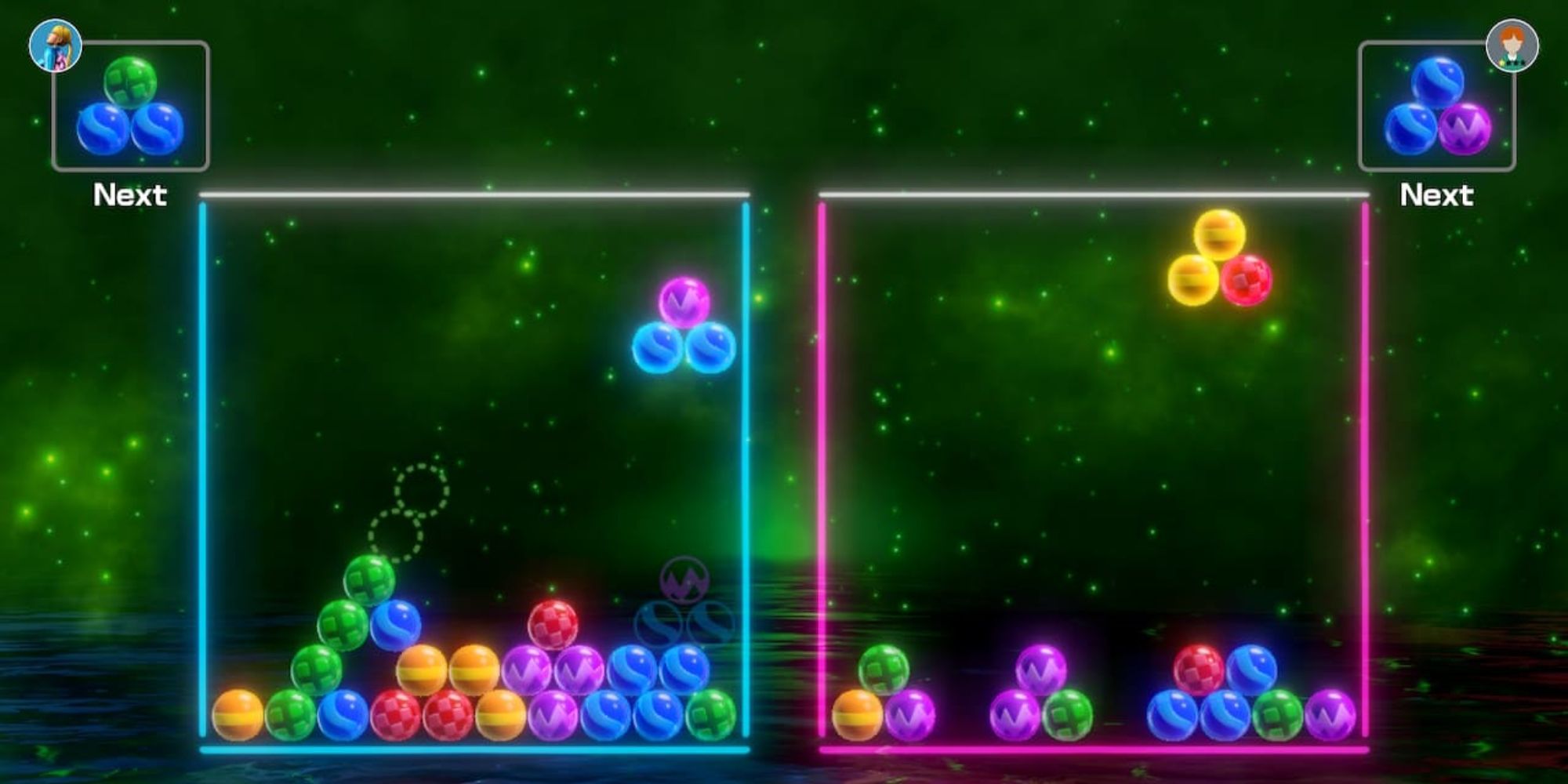 Clubhouse Games a colourful and neon-lit Six Ball Puzzle game akin to Tetris with falling balls on either side