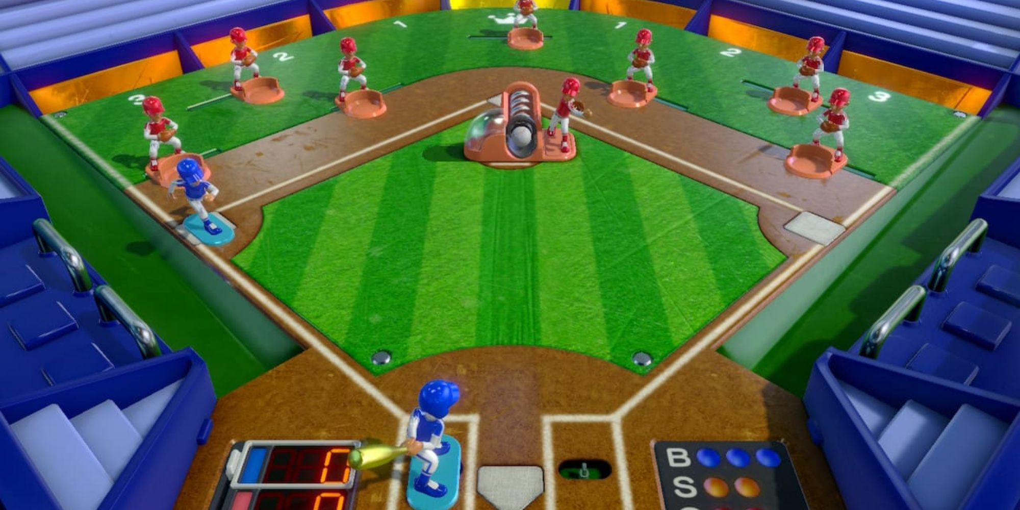 Clubhouse Games a plastic toy set mimicking Baseball with blue and red players scattered across the set