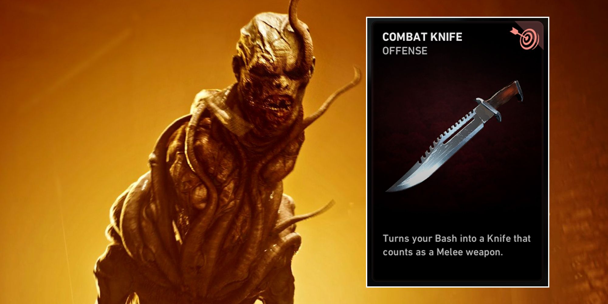 Back 4 Blood. Zombie enemy with orange lighting surrounding it. Combat Knife card on screen.