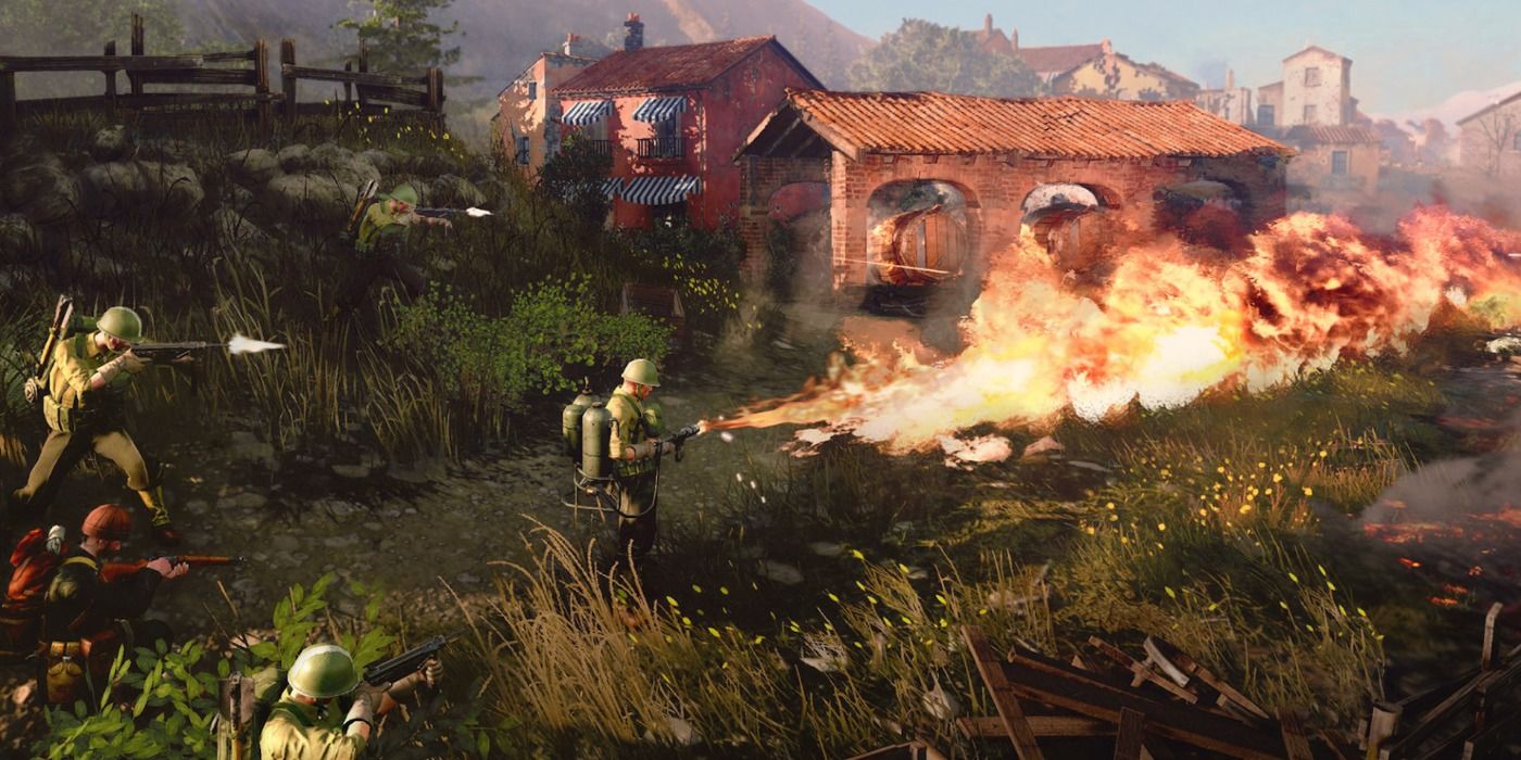 Company of Heroes 3 screenshot depicting several soldiers and a flamethrower