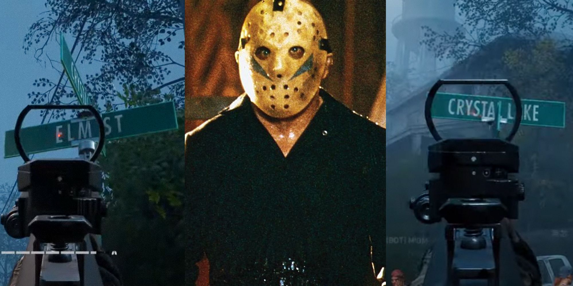 Back 4 Blood, Friday The 13th. Split image three ways. Jason Voorhees is in the middle. Photos of street names on the left and right.