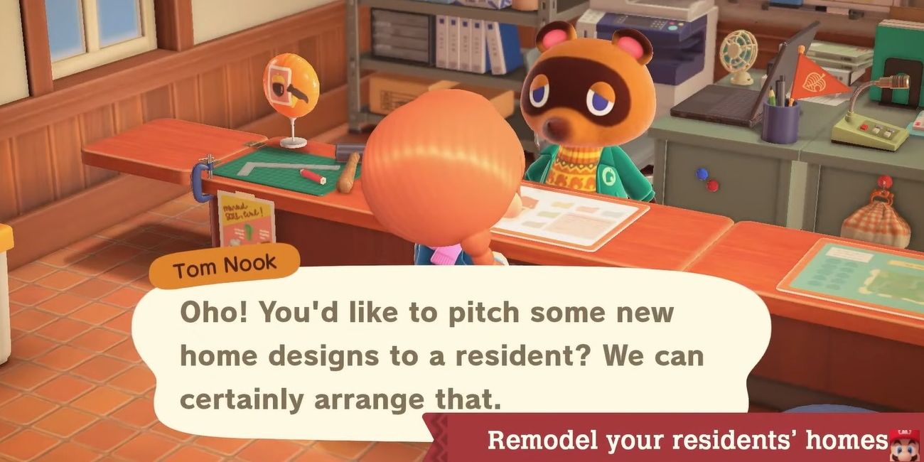 Animal Crossing New Horizons villager talks to Tom Nook about Customizing Villager Homes
