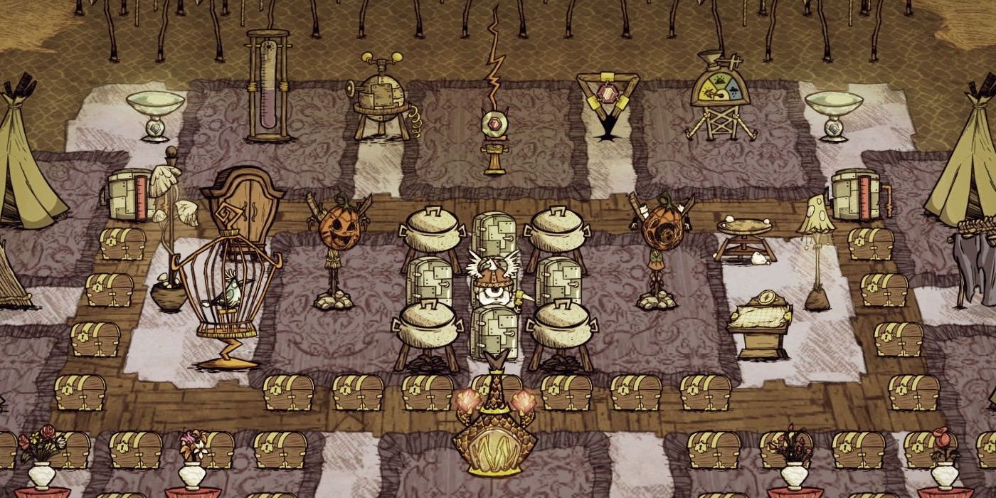 Don't Starve Together Wigfrid Standing In Base Camp Surrounded By Chests, Crockpots and Ice Boxes