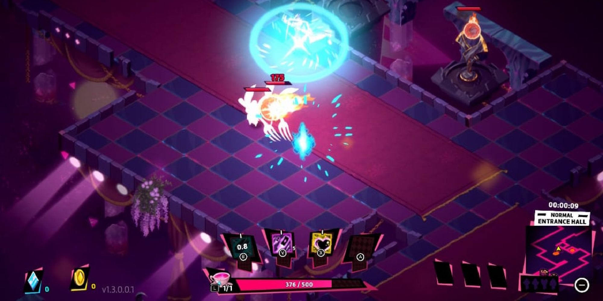 Dandy Ace Beginner Tips an isometric view of Dandy Ace dashing through two damaged enemies with a blue blast of light surrounding him as he does and an ominous enemy tower to the right of them