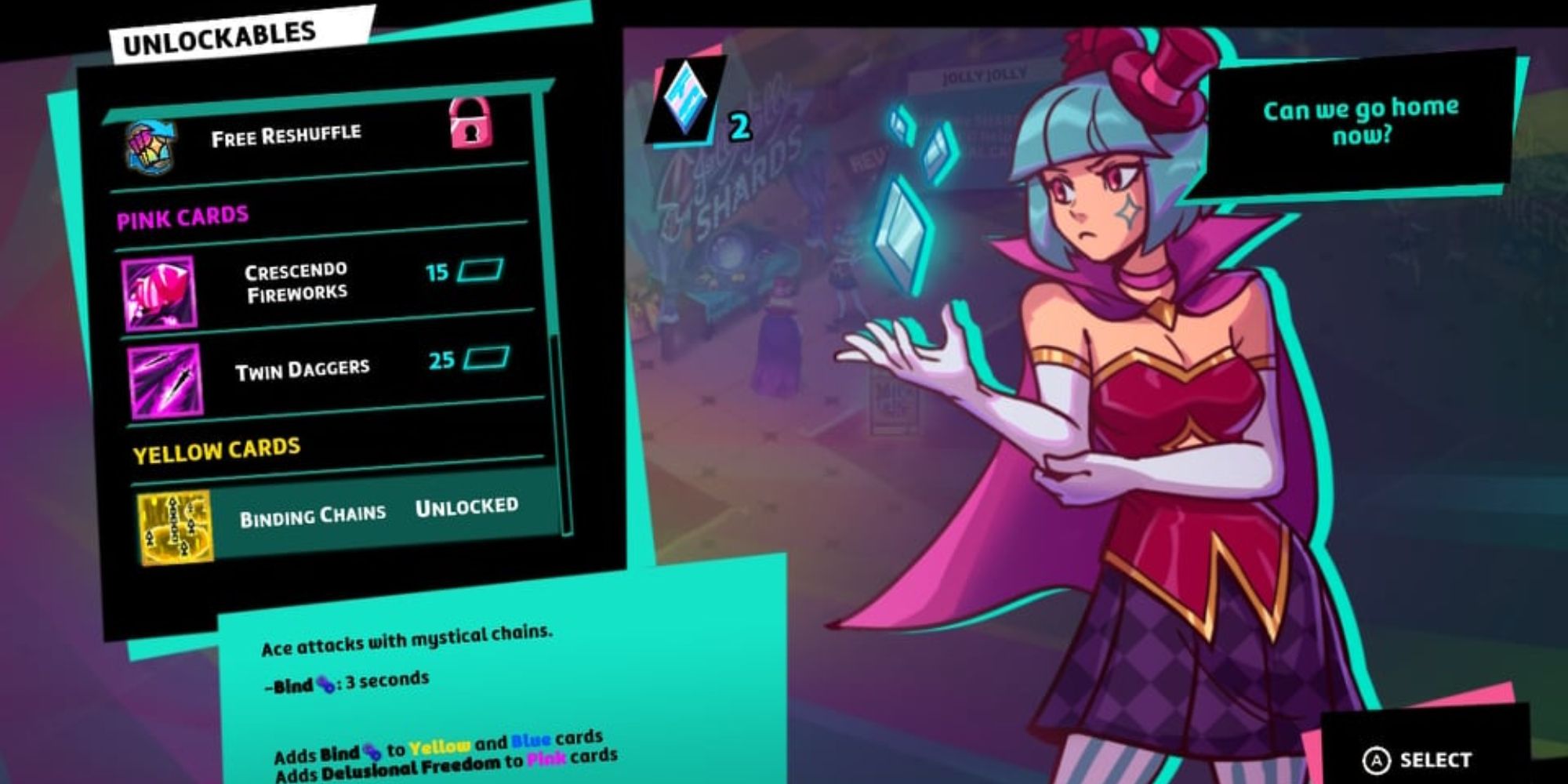 Dandy Ace Beginner Tips a blue menu displaying the various upgrades that can be bought with shards with a female magicians assistant to the right of it and text reading "can we go home now" coming from her