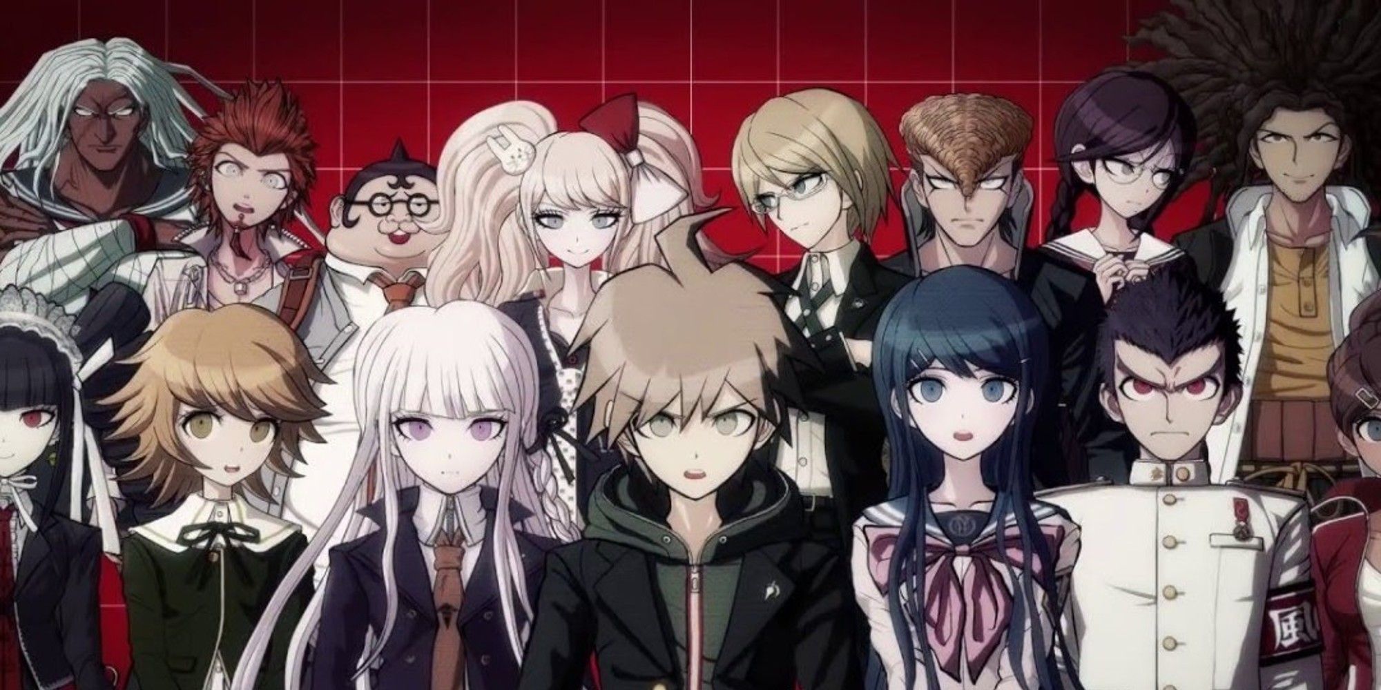 Danganronpa - Makoto, Kyoko, Sayaka, Taka, Junko, Byakuya, And The Rest Of The Cast Standing In Two Rows
