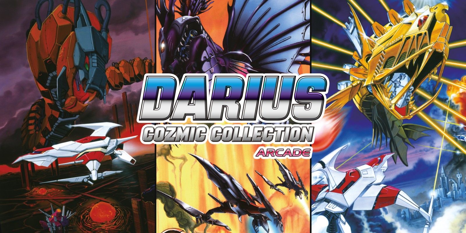 Darius Cozmic Collection Arcade Art showing a split image of the Silver Hawk fighting
