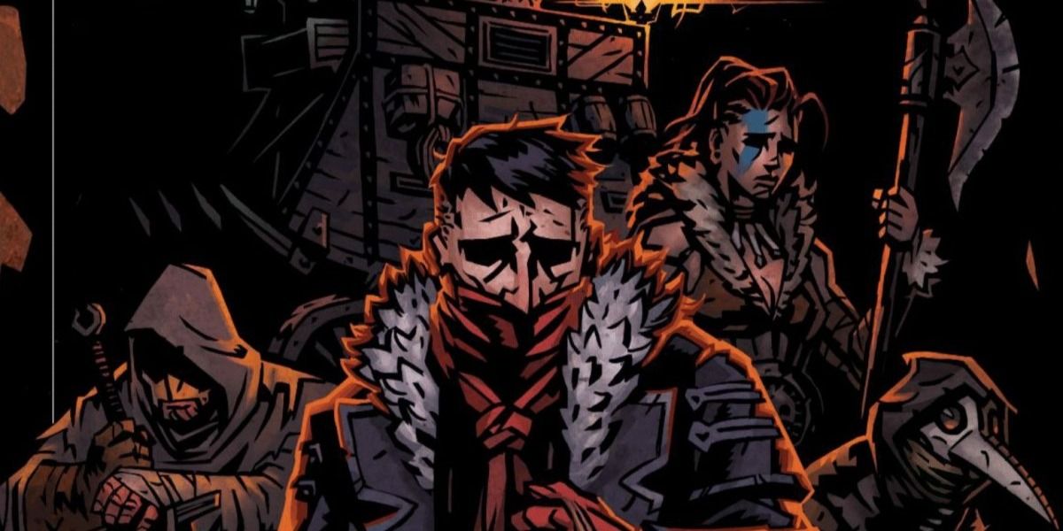 Darkest Dungeon 2 shot showing highwayman, hellion, plague doctor, and leper in front of a stagecoach