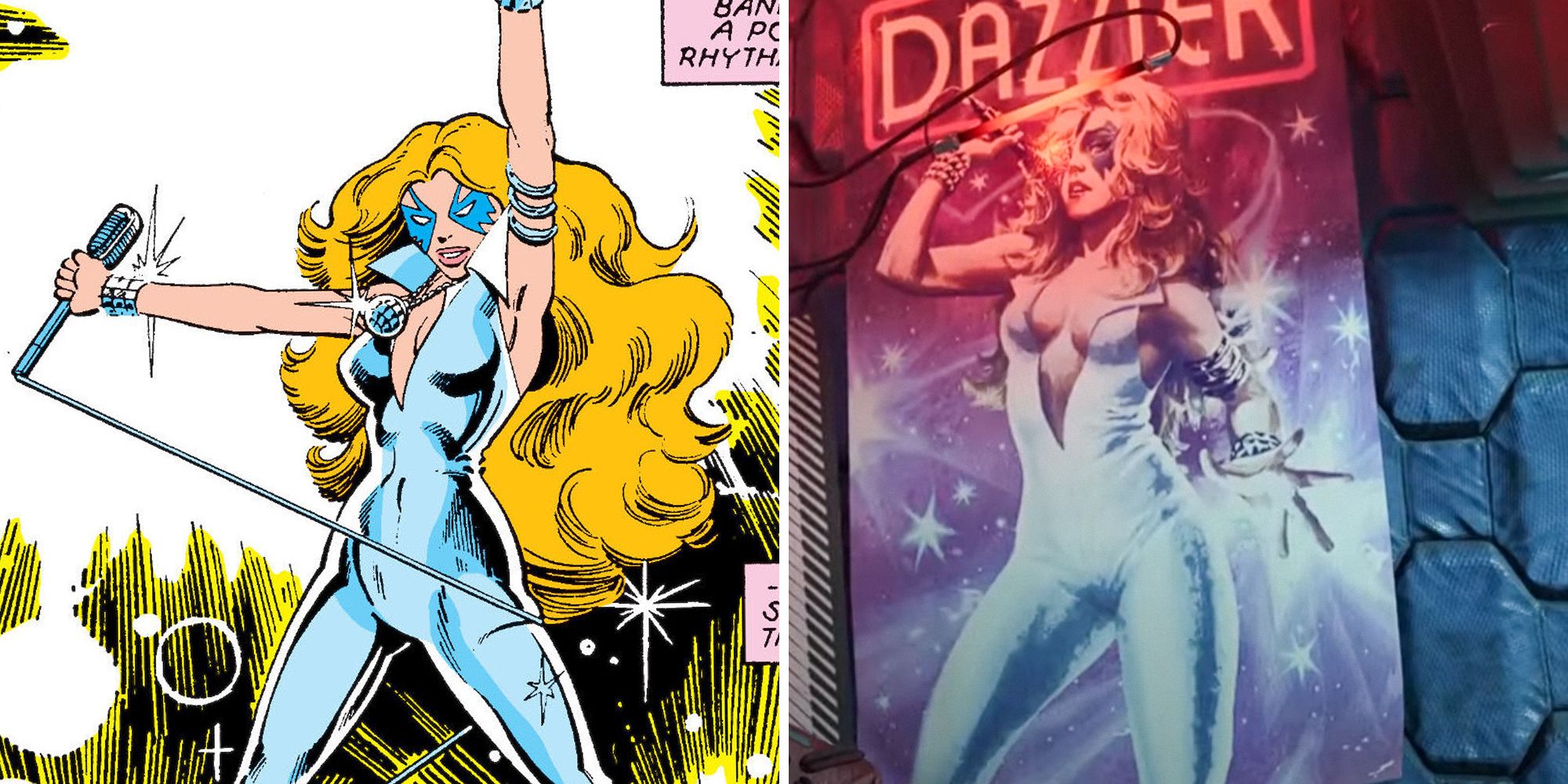 Marvel's Guardians Of The Galaxy. Split image. Dazzler comic on the left and Dazzler poster on the right.