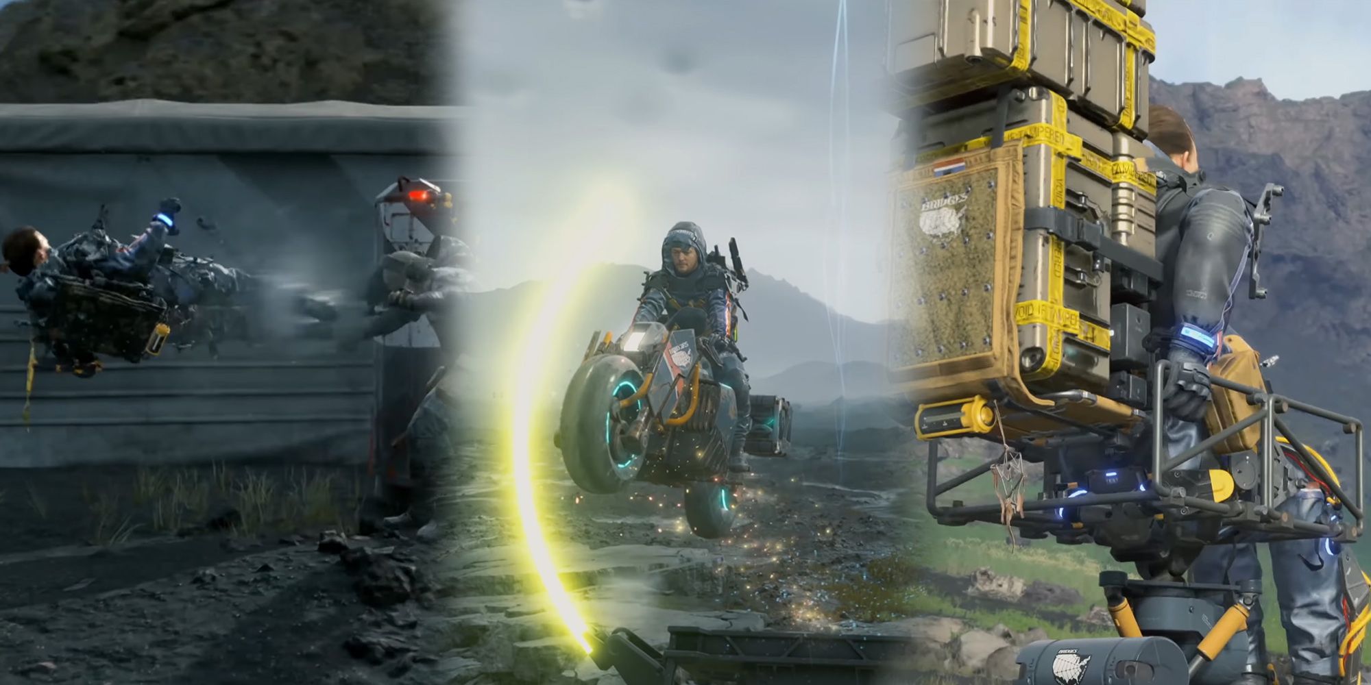 Death Stranding - Some Examples Of Hidden Mechanics In The Director's Cut Such As Riding The Buddy Bot, Doing Tricks On The Reverse Trike, And Dropkicking A Mule
