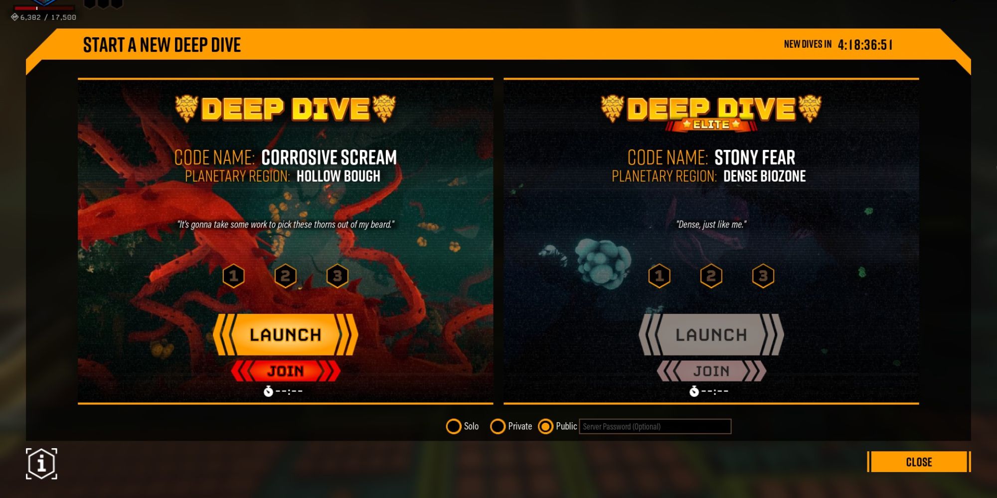 Deep Rock Galactic Deep Dives menu