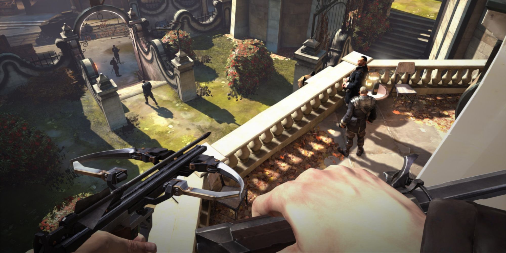 Dishonored Screenshot Showing Protagonist Attack someone with a crossbow
