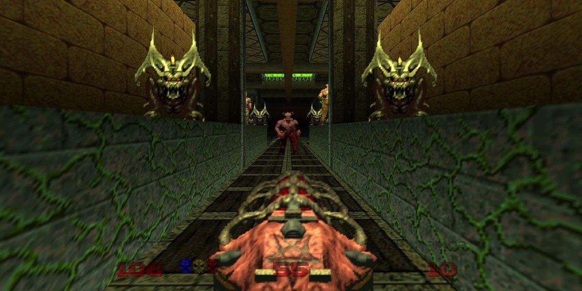 Doom 64 Doomguy fighting a baron of hell in a narrow corridor using the Unmaker