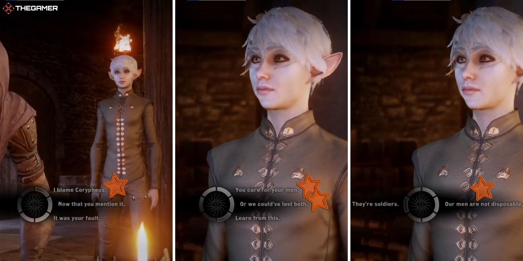 Dragon Age Inquisition - Elven Male Player Character In Front Of A Dialogue Wheel, Indicating How To Soften Leliana (1)