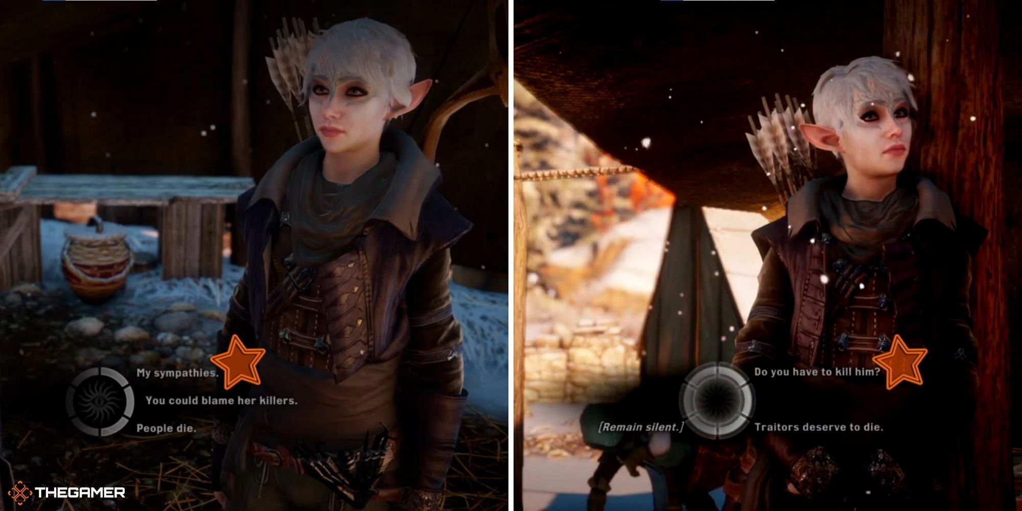 Dragon Age Inquisition - Elven Male Player Character In Front Of A Dialogue Wheel, Indicating How To Soften Leliana