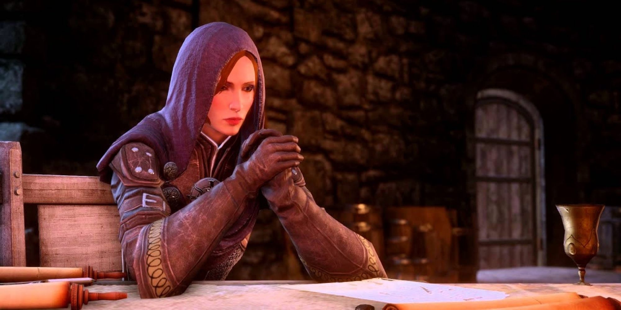 Dragon Age Inquisition - Leliana leaning over table in Skyhold