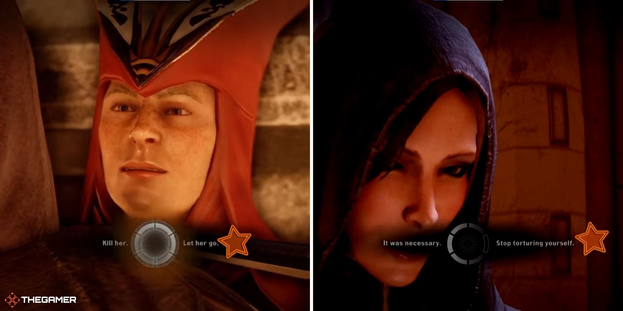 Dragon Age Inquisition - Natalie (left) and Leliana (right) In Front Of A Dialogue Wheel, Indicating How To Soften Leliana