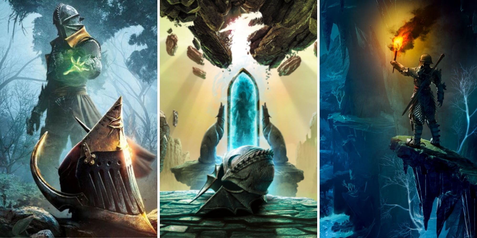 Dragon Age Inquisition Expansion Cover Art - Jaws of Hakkon on left, Trespasser in centre, The Descent on right