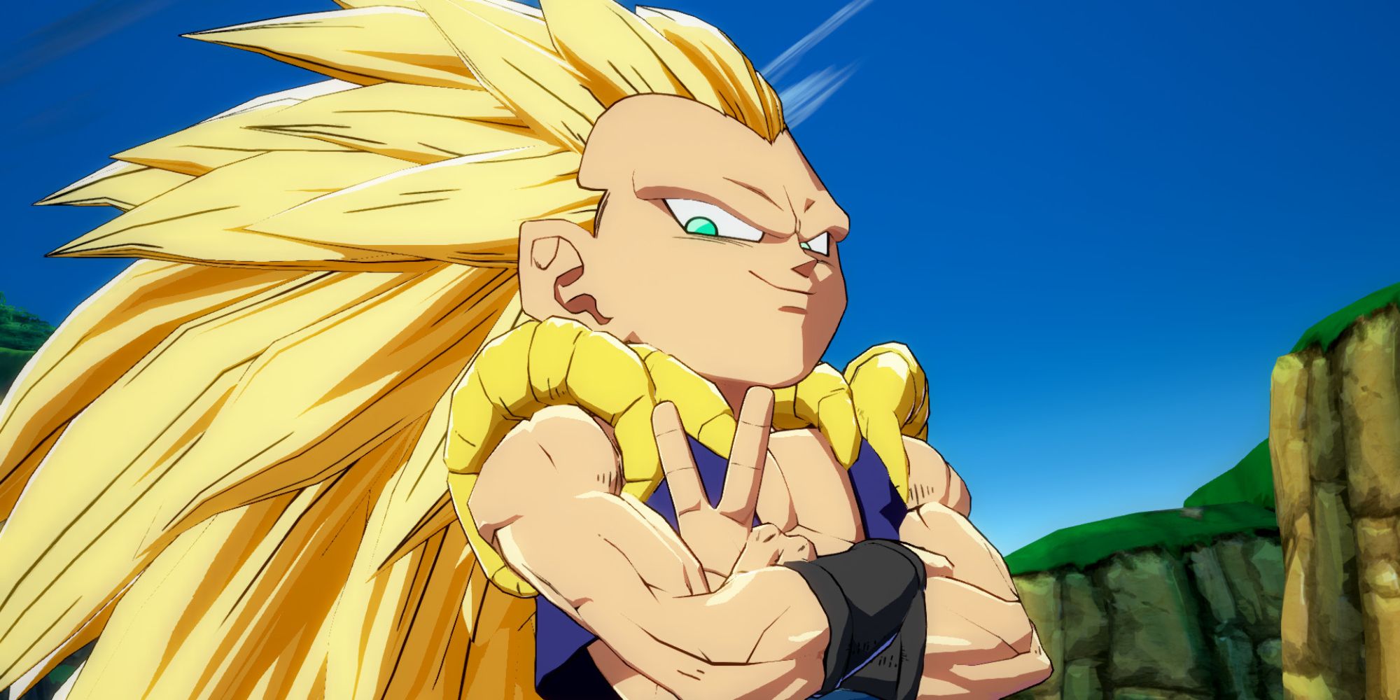 Dragon Ball Fighterz Screenshot Of Gotenks giving the peace sign and breaking the fourth wall