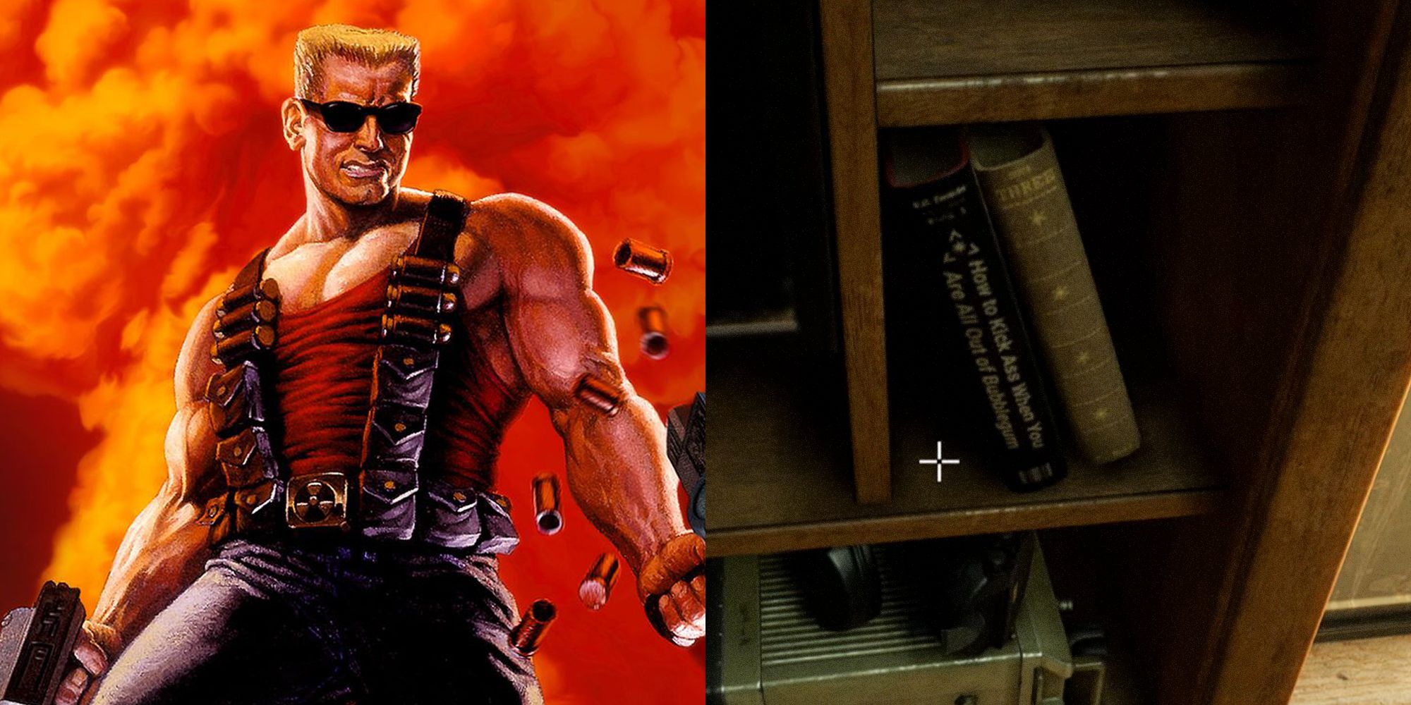 Duke Nukem, Back 4 Blood. Split image. Duke Nukem on the left, bookcase from Back 4 Blood on the right.