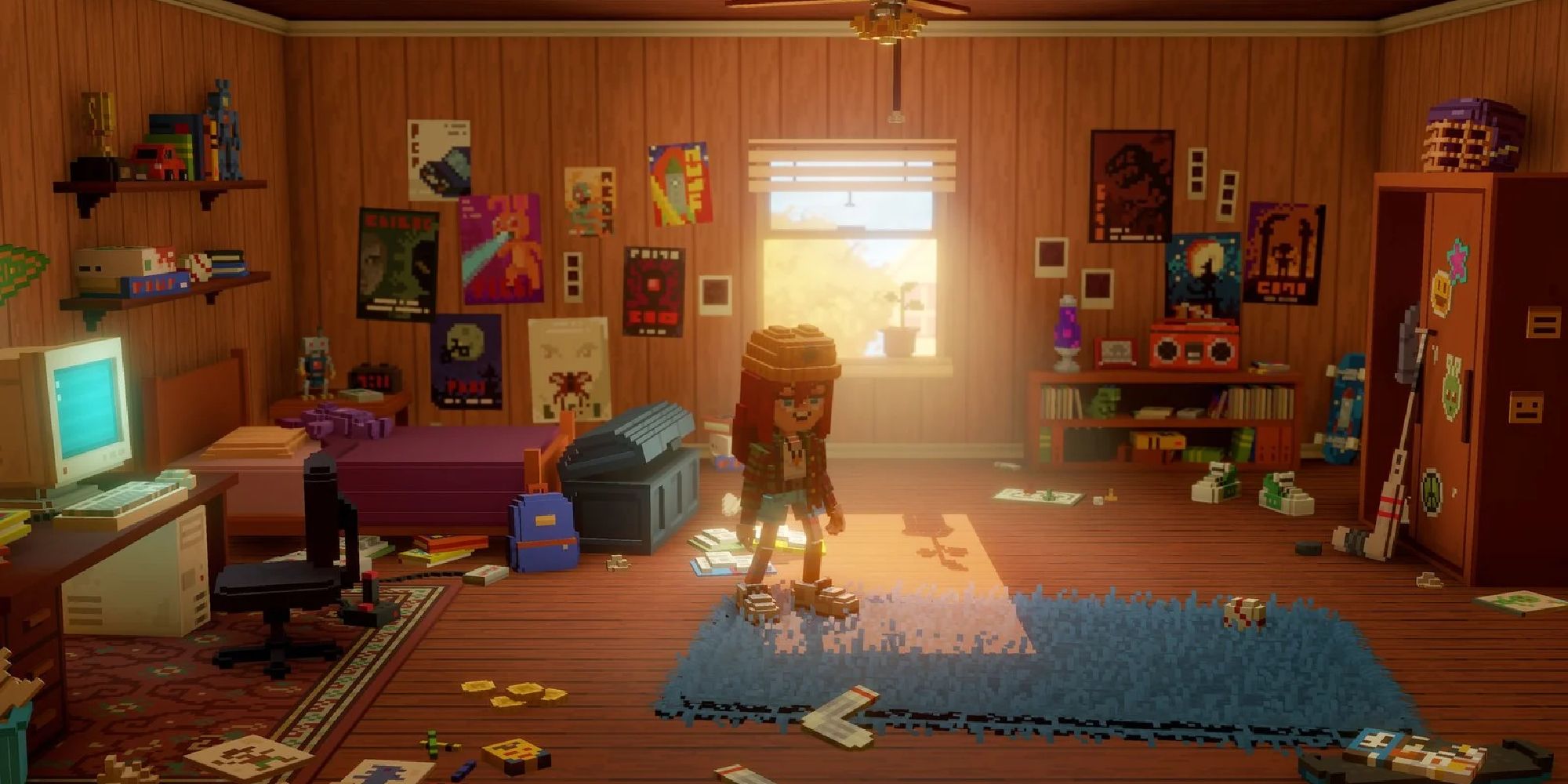 The player character stands in her messy bedroom in Echo Generation