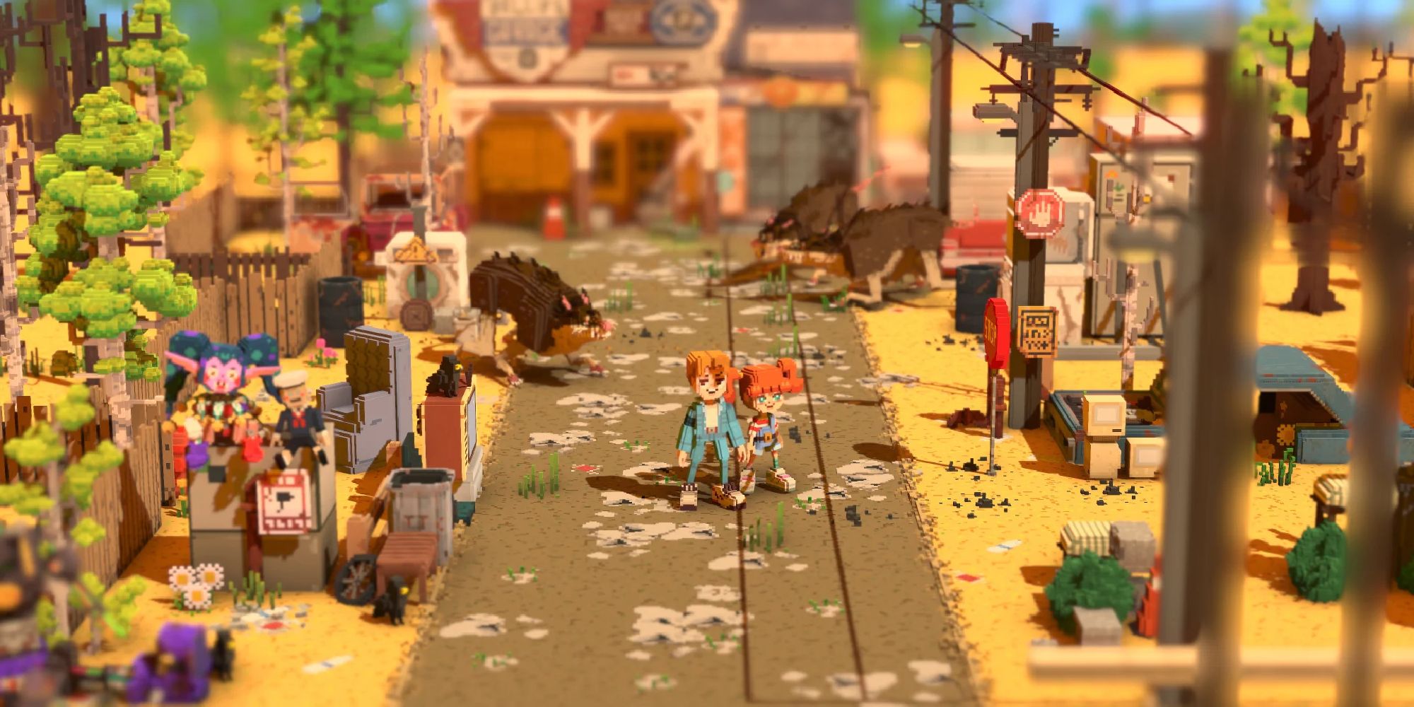 Giant rats lurk behind the player character and his sister in Echo Generation's overworld
