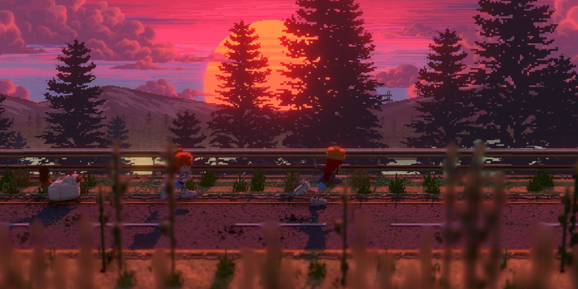 The player character's party explores a mountain road silhouetted by sunset in Echo Generation