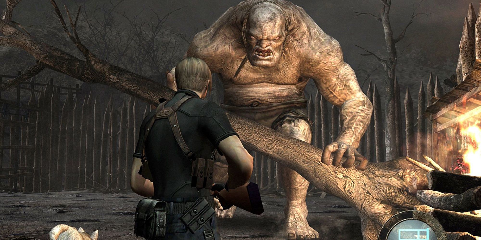 Resident Evil 4 El Gigante. Leon Kennedy fighting a huge enemy who is wielding a tree, ready to attack.