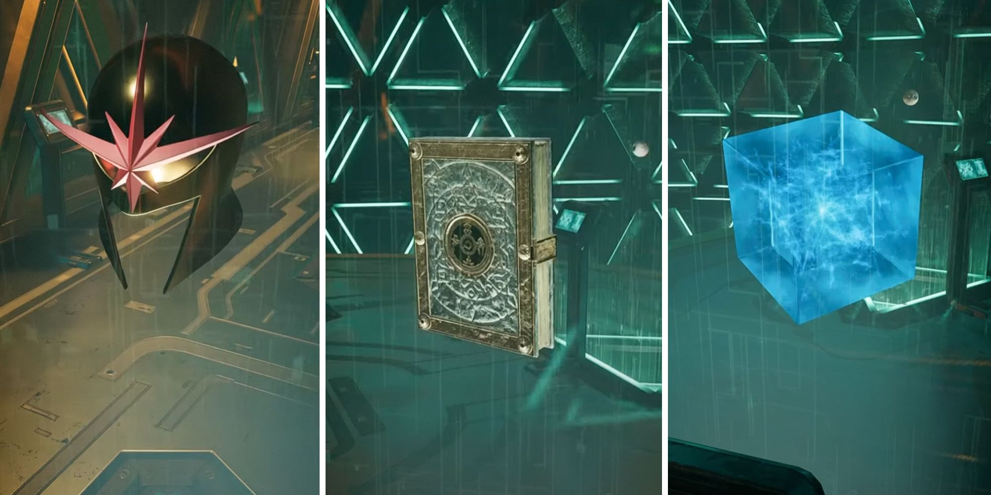 Guardians Of The Galaxy. Split image three ways. Nova helmet on left, book in the middle and cosmic stone on right.