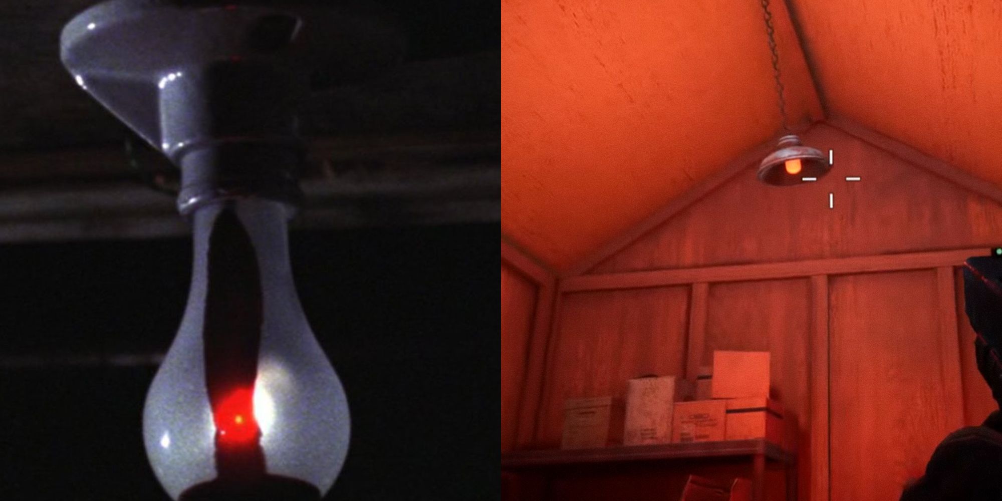 The Evil Dead, Back 4 Blood. Split image of two photos of lamps. Left lamp has blood on it, right lamp is a red hue.