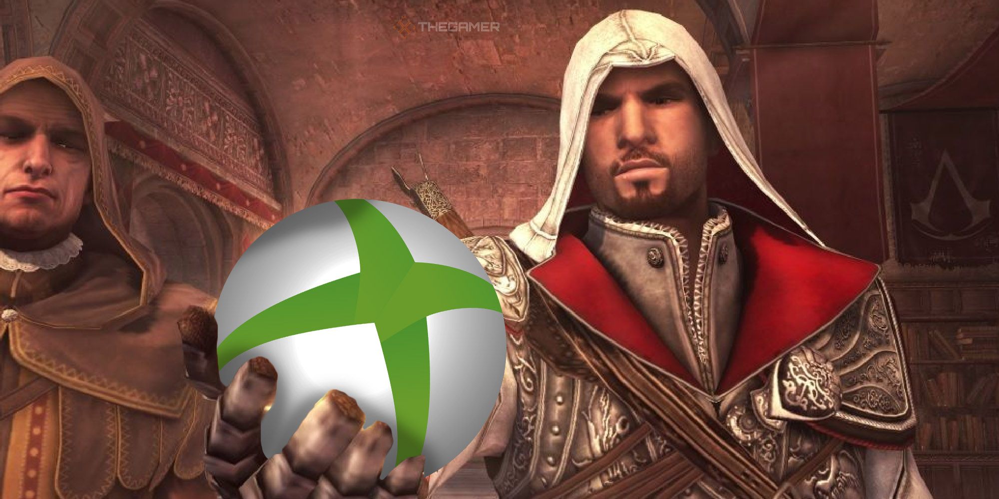 Assassin's Creed's Ezio holding the Xbox logo