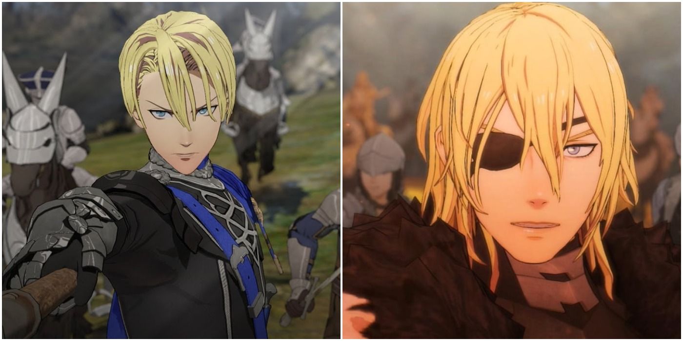 Dimitri during the academy phase (left) and war phase (right) of Fire Emblem: Three Houses