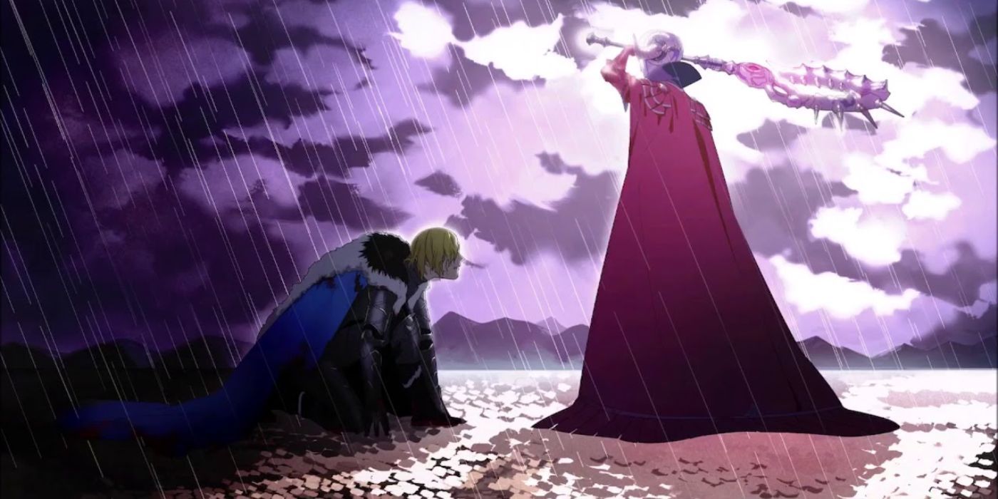 Edelgard (rechts) bereitet sich darauf vor, Dimitri auf der Crimson Flower Route den Todesstoß zu versetzen