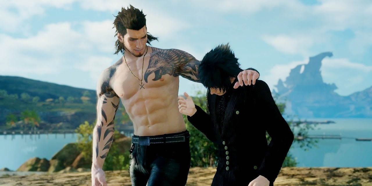 Shirtless Gladio with is hand on Noctis' shoulder