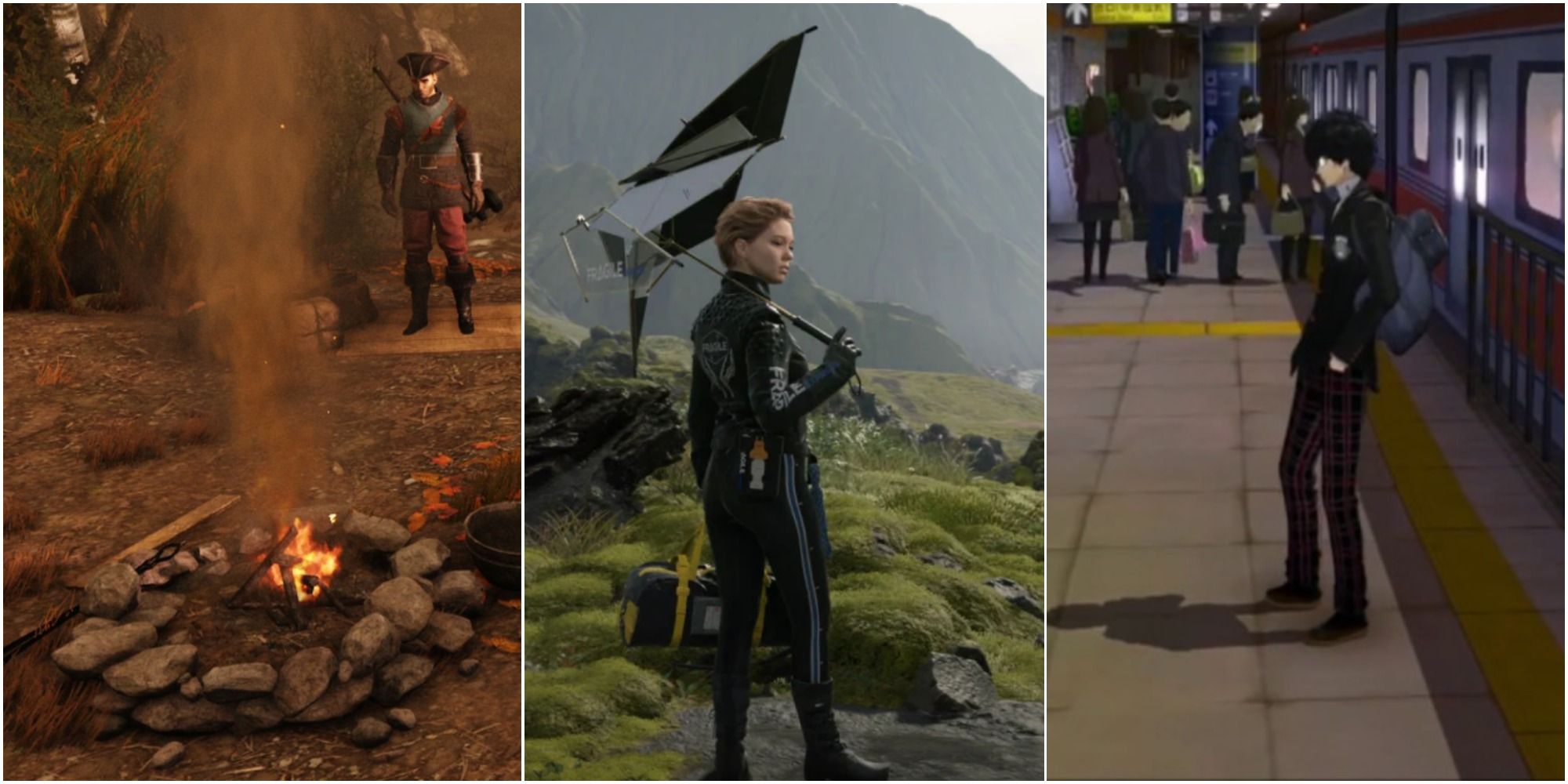 Fast Travel In Video Games a campfire from Greedfall on the left, Fragile holding her umbrella from Death Stranding in the middle and Joker from Persona 5 in a subway station on the right