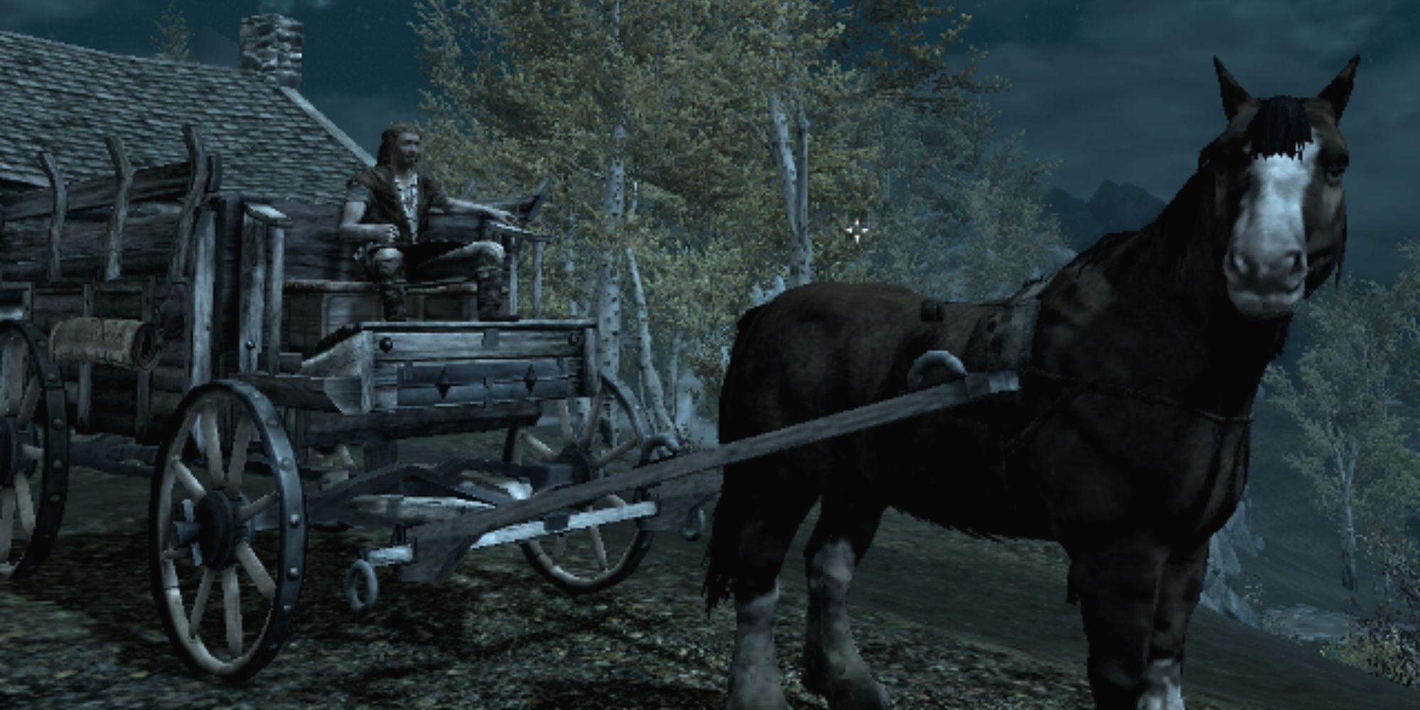 Fast Travel In Video Games a wide shot of a man on a wooden horse-drawn carriage in Skyrim set at night with trees and a roof in the background