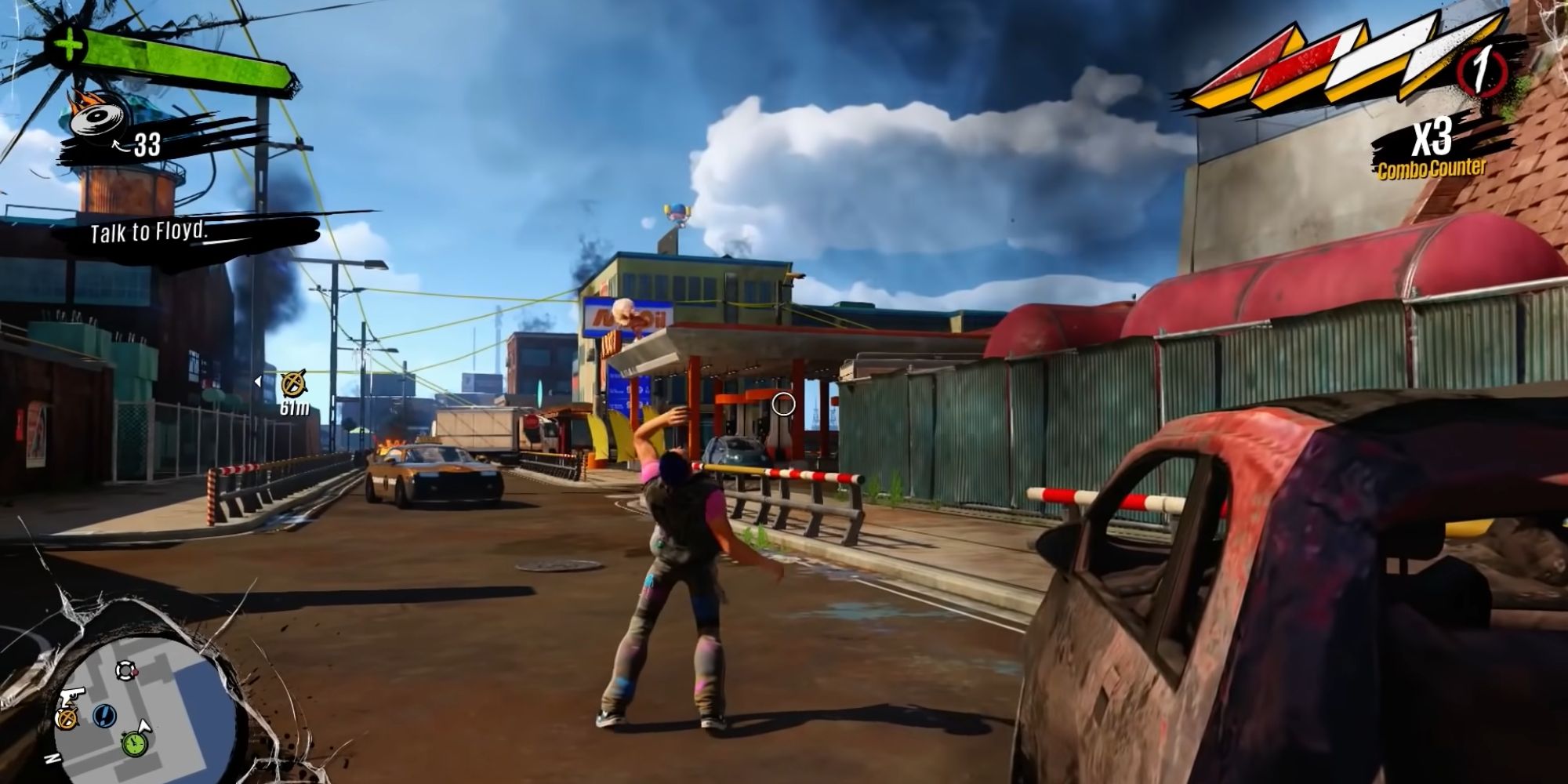 Fast Travel In Video Games a wide shot of Sam from Sunset Overdrive drinking alcohol in a deserted street full of abandoned and destroyed cars and buildings 