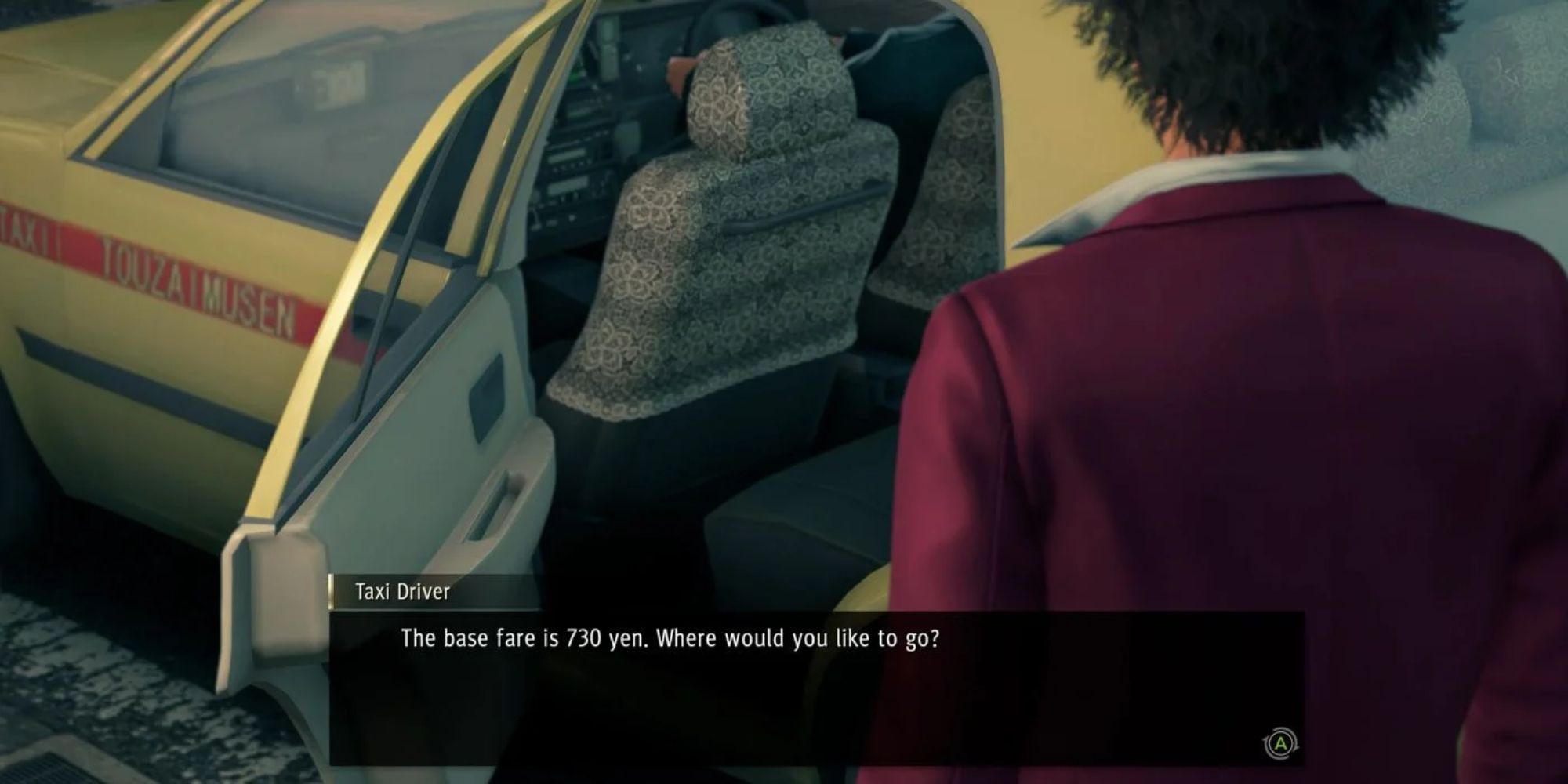 Fast Travel In Video Games a close up of Ichiban Kasuga from Yakuza: Like A Dragon stood in front of an open yellow taxi door with a text box below him discussing the cost of the taxi fare