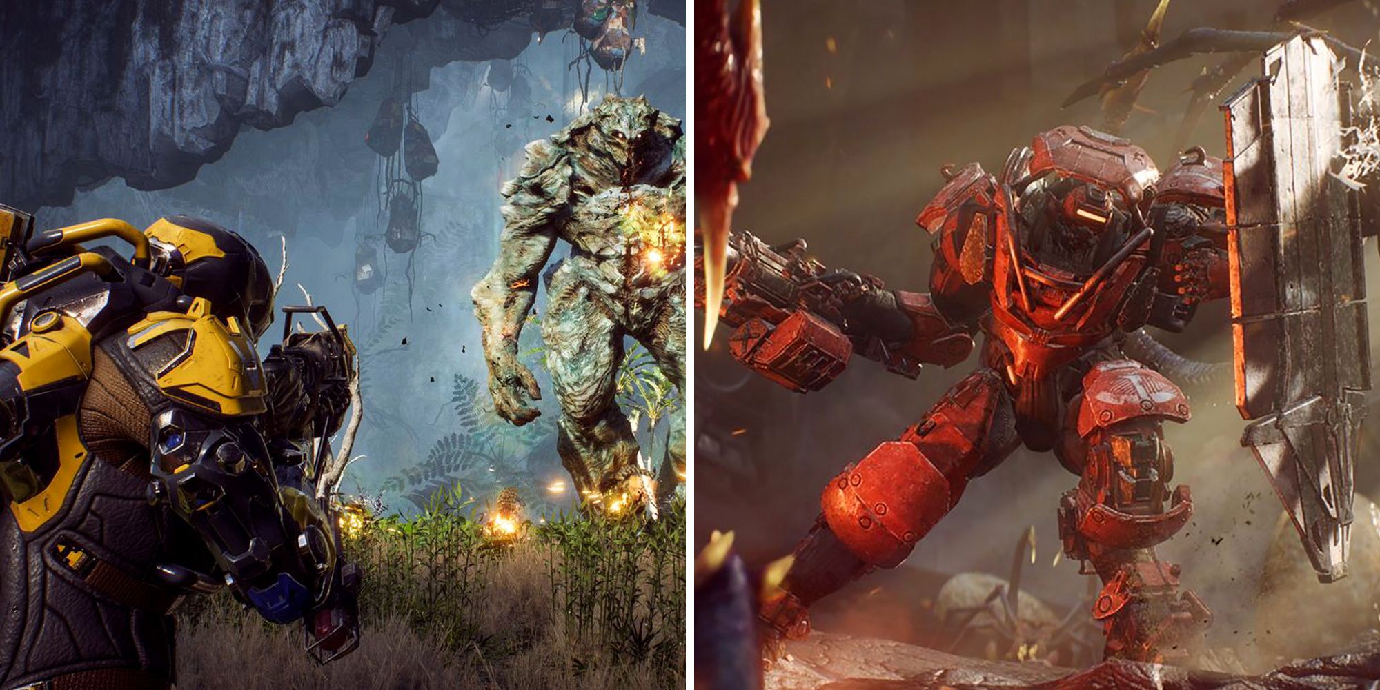 Split image. Anthem screenshots. Yellow javelin on the left, orange character on the right.