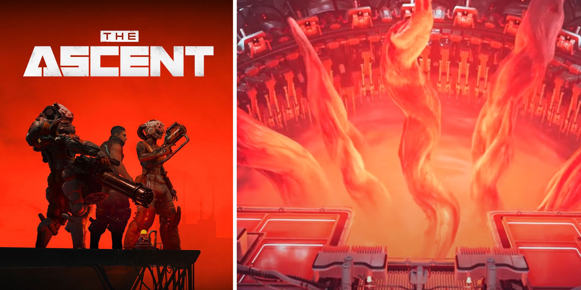 Split image of The Ascent. Promotional poster on the left, monster on the right. Both feature red lighting.